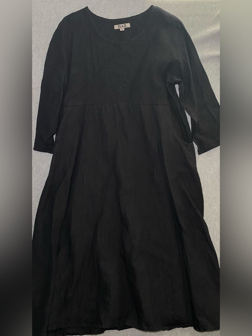 FLAX 100% Linen Black Dress Women’s Size L Large 3/4 Sleeve Boho Minimalist